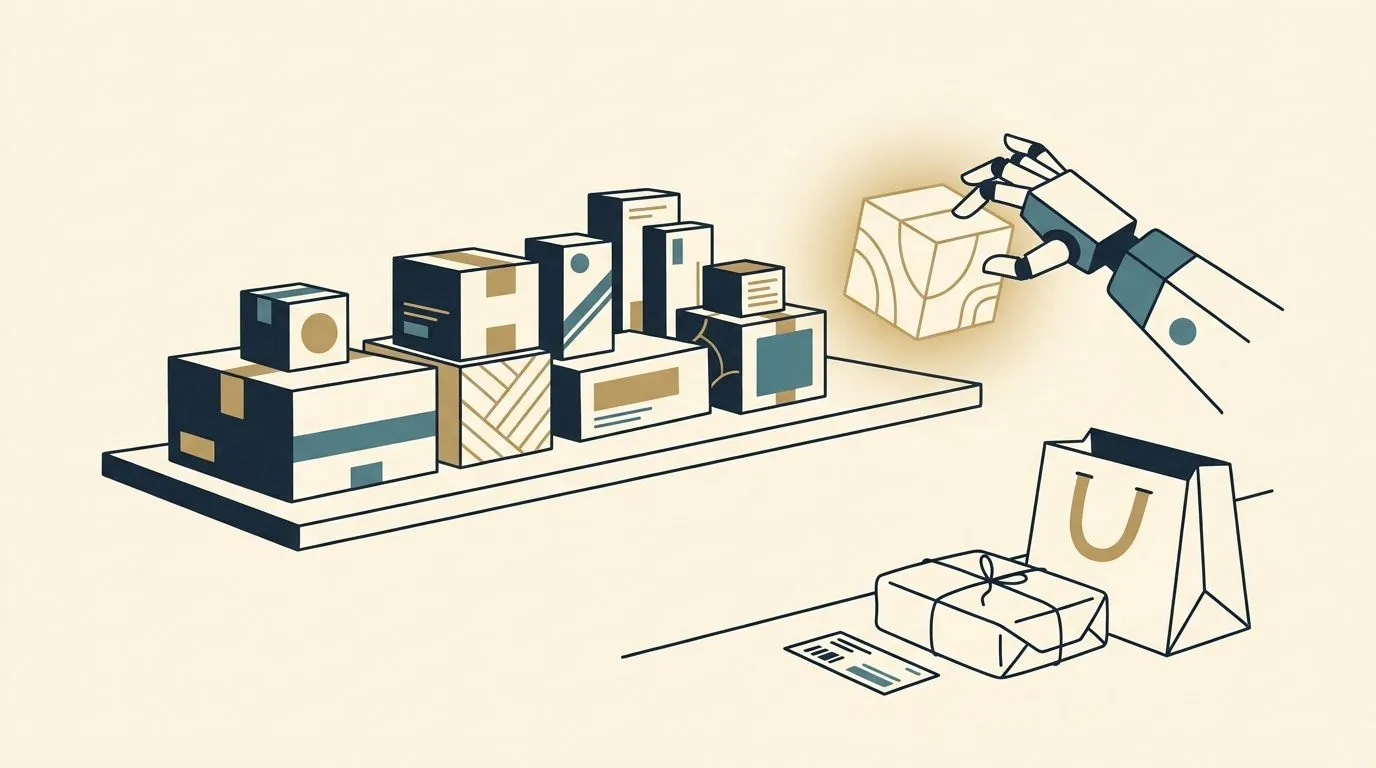 Illustration of a shelf of product boxes, with a robotic hand lifting one glowing box, beside a shopping bag, a parcel and a returns label.