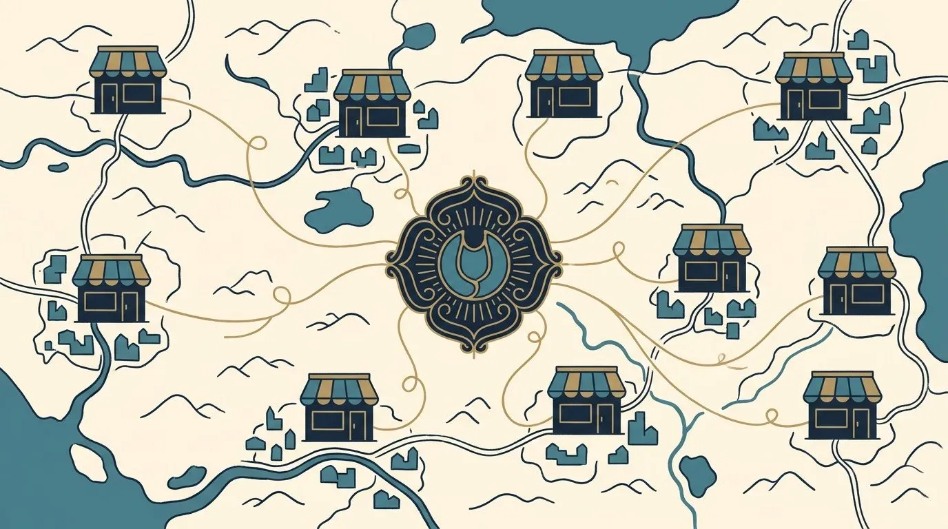 Illustration of a regional map with several matching storefronts in different towns, each linked by gold lines to one central brand emblem.
