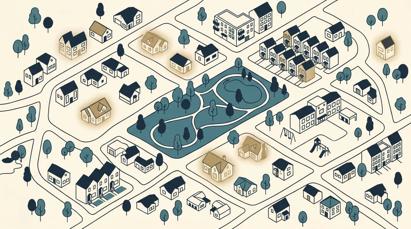 Illustration of a neighborhood seen from above, with houses, townhomes, apartments, a park and a school, and a few homes highlighted in gold.