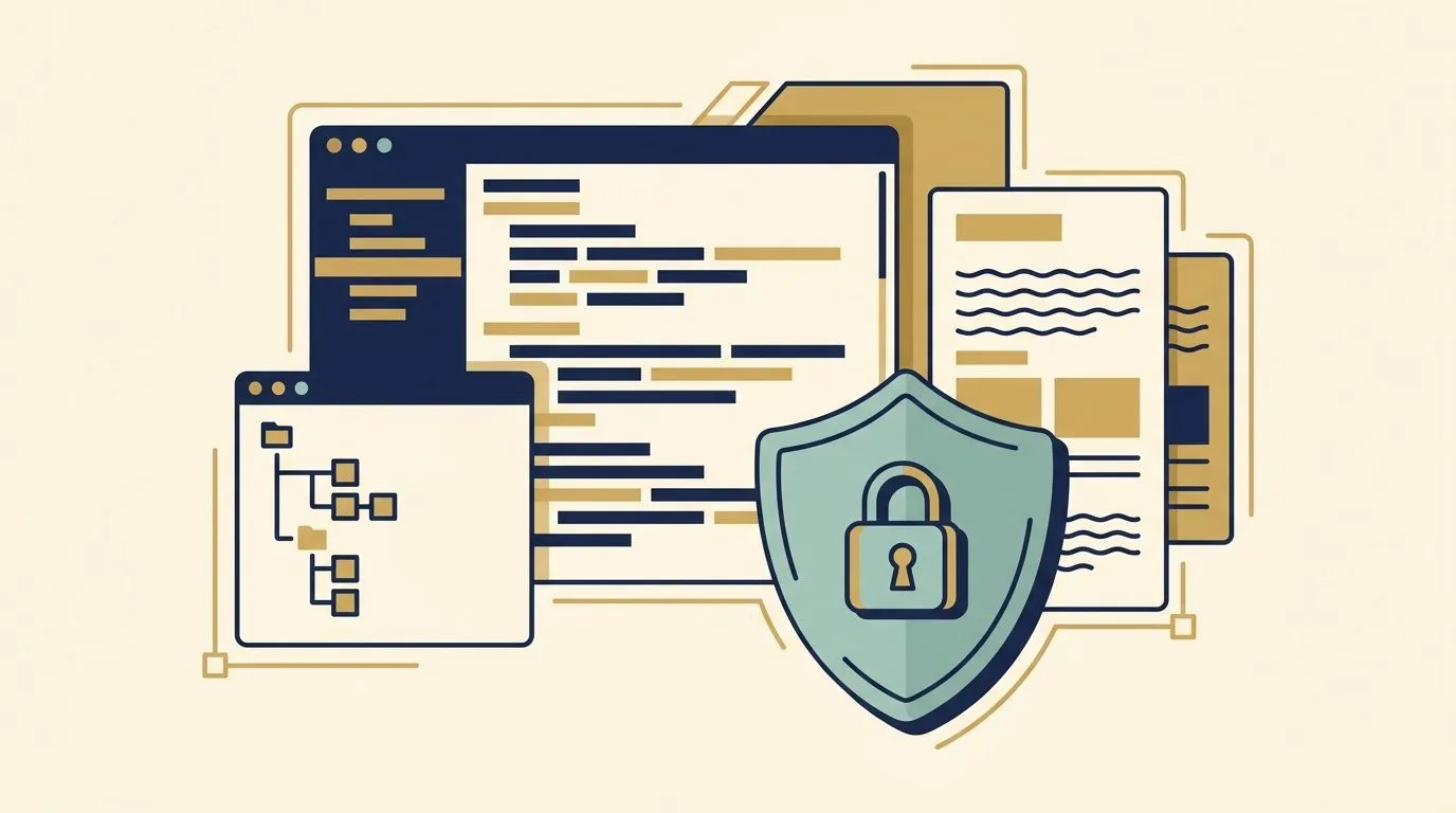 Illustration of layered software windows: a code editor, a repository file tree, documentation pages and a security shield with a padlock.